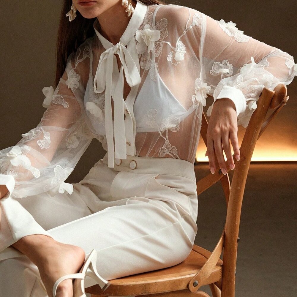 White Sexy Women's See-Through Embroidered Shirt - Picture 7 of 7